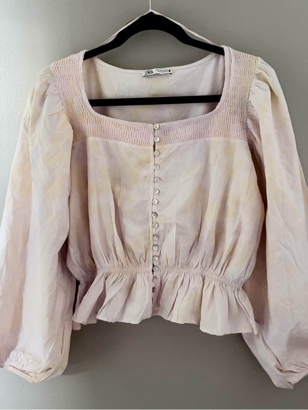 ZARA Pink Yellow Tie Dye Puff Sleeve Crop Blouse Small Square Neck Boho